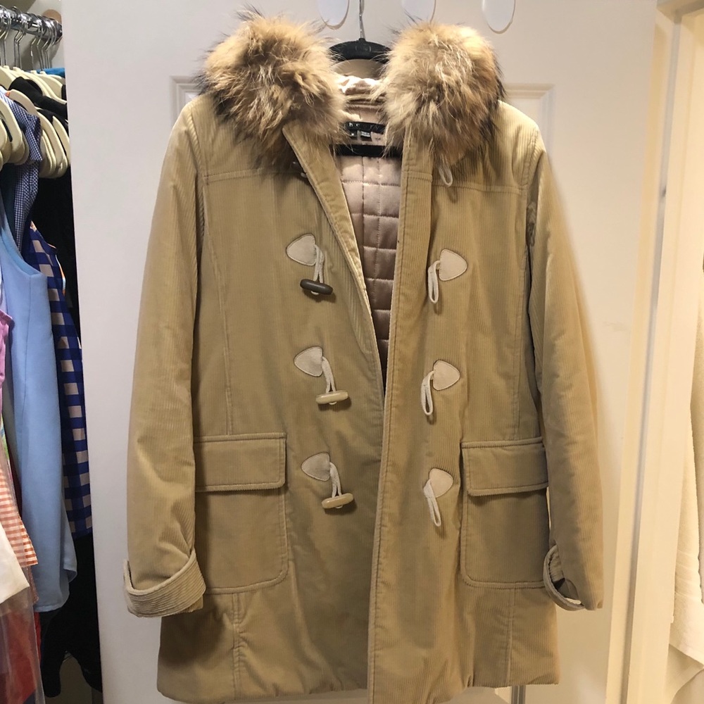 Theory Corduroy Toggle Coat with Fur Trimmed Hood